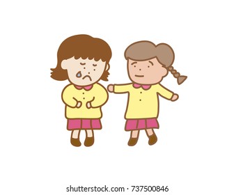 cute colorful cartoon of two young Asian girl friends in yellow and pink school uniform. A girl is sad and her friend touch her shoulder as a sign of comforting.