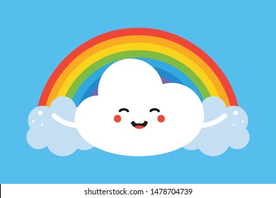 Cute and colorful cartoon vector illustration with happy smiling cloud character in front of the rainbow for kids, children print design.
