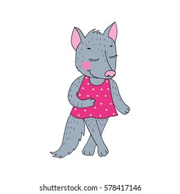 Cute colorful cartoon wolf in pink dress on white background. Can be used like sticker or for birthday cards, invitations