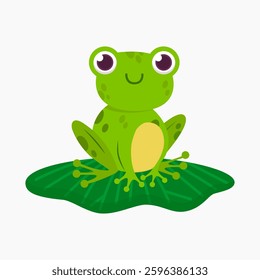 A cute and colorful cartoon-style frog sitting on a green lily pad. perfect for children's designs, educational materials, nature-themed content, and digital artwork.