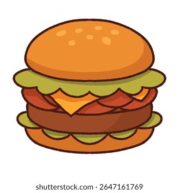 Cute and colorful cartoon-style hamburger illustration with lettuce, cheese, tomato, and beef patty between sesame seed buns. A fun and appetizing design great for food icons, fast food themes, or kaw