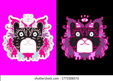 Cute colorful cat doodle illustration for poster, sticker, or apparel merchandise.With vaporwave/synthwave style, aesthetics of 80s.