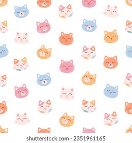Cute colorful cat faces seamless pattern. Cat characters with different emotions and facial expressions. Vector illustration in flat style