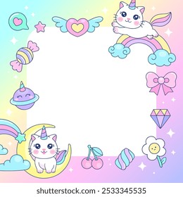 Cute colorful cat unicorn template design for card, invitation, letter, notes, poster, social media post