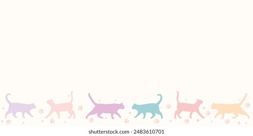 Cute colorful cat vector border with hand drawn kitten silhouettes and paws, seamless repeat