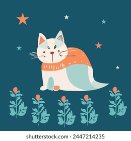 Cute colorful cat vector illustration blue background