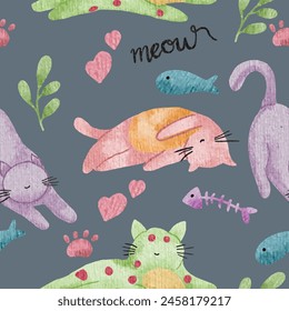Cute Colorful Cat Watercolor Seamless Pattern