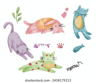 Cute Colorful Cat Watercolor Set