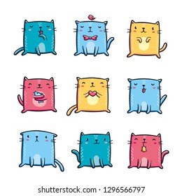 Cute colorful cats doodles. Kawaii characters, hand drawn style. Design elements for print (stickers, greeting cards, t-shirt, poster). Isolated on white background.