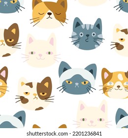 Cute colorful cats heads, kitten faces, vector seamless pattern. Funny kitty pet animal cartoon characters with emotions, texture for fabric, wallpaper, wrapping paper, textile, bedding, t-shirt print