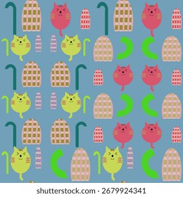Cute colorful cats in a seamless pattern vector. Great for kids’ fabrics, kawaii design, and decorative projects.