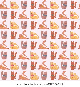 Cute colorful cats seamless vector pattern kitten animals pets childish