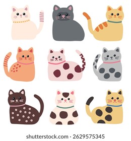 Ilustración vectorial colorida linda del sistema de los gatos en diseño plano