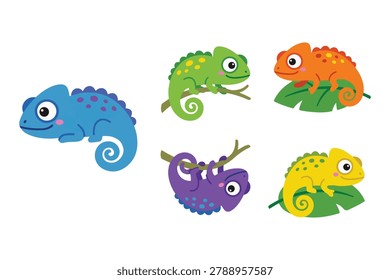 Cute colorful chameleon lizard vector illustration set. Flat exotic reptile animal characters and tropical leaves clipart pack isolated on white background