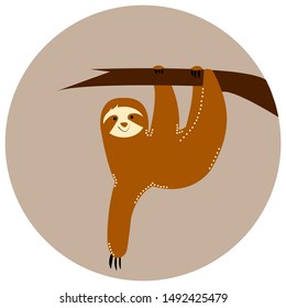 Cute colorful character design with funny sloth hanging on the tree. Adorable cartoon animal illustration. Vector cute baby sloth for greeting card, invites, poster, banner, t-shirt print, background