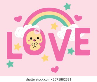 Cute colorful cute chick and love pattern seamless print pattern graphic tee design for kids market as vector g with typo for graphic tee print
