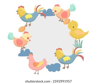 Cute Colorful Chicken Cartoon Illustration Wreath