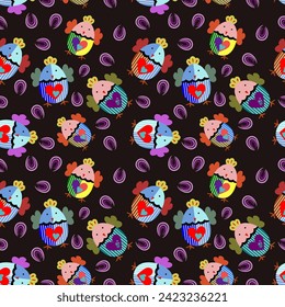 Cute, colorful chicks on a black background. Vector illustration. Wallpaper. Seamless.