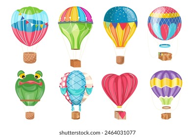 Cute colorful childish air hot balloons with wicker basket flat isolated vector illustration