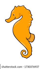 Cute colorful childish cartoon black outline sea horse isolated on a white background. Underwater creature vector illustration.