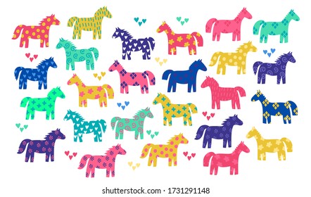 Cute colorful childish collection with horses different colors with bright repeated patterns. Big decorative set with lovely animals in kids style isolated on white. Yellow, green, purple, pink colors