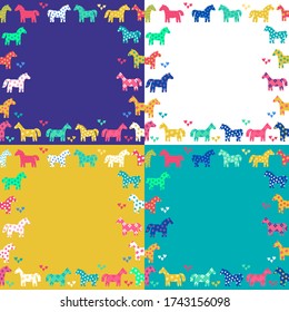 Cute colorful childish collection with horses frames, borders. Different colors with bright repeated patterns. Big decorative set with lovely animals in kids style isolated on white, yellow, purple