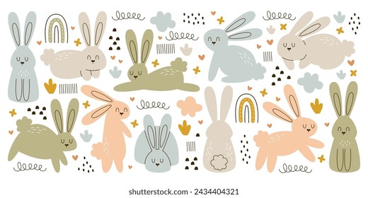 Cute colorful childish forest animals design of hare and bunny characters. Isolated set of funny fluffy spring rabbit vector illustration. Happy easter concept, greeting card elements collection