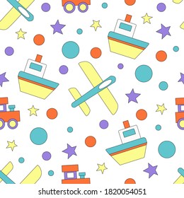 Patrón infantil colorido con aviones voladores, trenes y barcos de vapor para papel de envoltura festiva, impresión en textiles o cualquier otra superficie. Ilustración de transporte vectorial plano