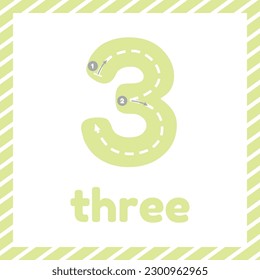 Cute colorful children flashcard with tracing. Learn how to write number three for kids