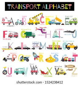 Cute colorful children transportations A-Z alphabet for kids learning English vocabulary with white background. Vector Illustration.