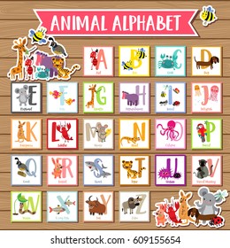 Cute colorful children zoo alphabet flash cards on wood background. Funny cartoon animal. Kids abc education. Learning English vocabulary. Vector illustration.