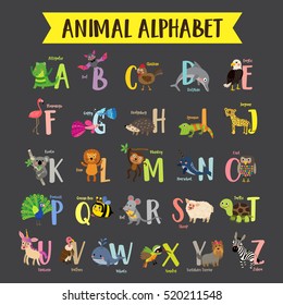 Cute colorful children zoo A-Z alphabet for kids learning English vocabulary with dark background.