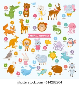 Cute colorful children zoo A-Z alphabet for kids. Learning English vocabulary. Funny cartoon animals. 