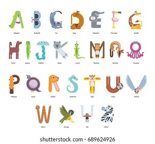 Cute colorful children zoo A-Z alphabet for kids. Learning English vocabulary. Funny cartoon animals. Alphabet in form of animals. Flat design illustration
