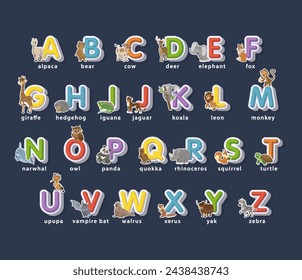 Cute colorful children's alphabet from A to Z in the zoo for kids learning English vocabulary on a dark background. alpaca, bear, panda and others.Vector illustration