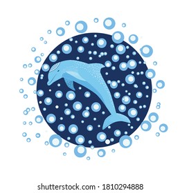 Cute colorful children's cartoon dolphin and marine elements. illustration of an underwater creature. Hand-drawn