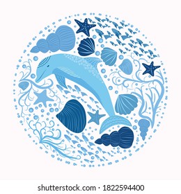 Cute colorful children's cartoon dolphin and marine elements isolated on a white background. illustration of an underwater creature. Hand-drawn