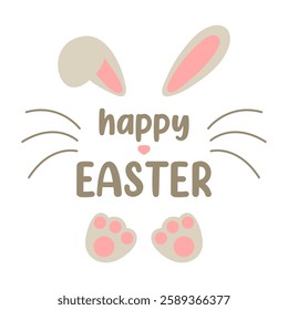 Cute colorful children's design "HAPPY EASTER" with bunny ears, nose and whiskers for printing on clothes, t-shirts, for congratulations, for decoration