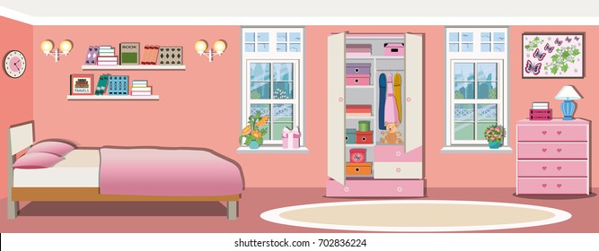 Cute colorful children's room interior design with comfortable furniture. Wardrobe, bed, nightstand, shelves with books and two windows. Flat style vector illustration.