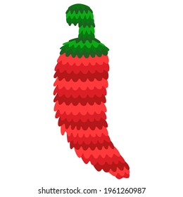 Cute colorful chili pepper pinata cartoon stock vector illustration. Flat traditional Mexican games pinata for kids isolated on white. Simple chilies pepper formed paper container for children party