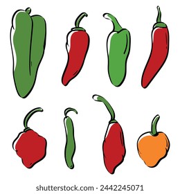 lindo conjunto de iconos de chiles coloridos. picante, pimienta, caliente, jalapeño, chile rojo, pimienta fantasma, habanero. simple divertido dibujado a mano plana ilustraciones vectoriales simples