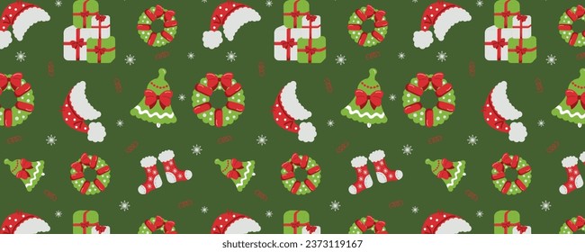 Cute colorful Christmas doodles, Christmas decorations, wreath, socks, gifts, santa claus cap, snowflakes and more, vector image, Christmas pattern EPS 10