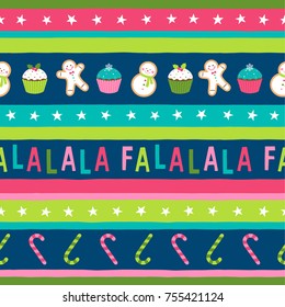 Cute colorful christmas elements seamless pattern with stripes background