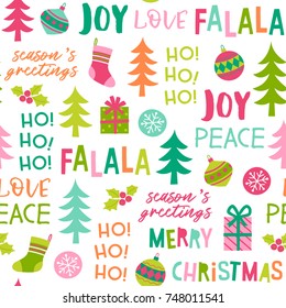 Cute colorful christmas elements and words seamless pattern background