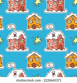 Cute colorful Christmas houses and snow  vector seamless pattern in the style doodles  hand drawn