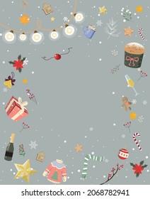 Cute colorful Christmas and New Year illustrations including gifts, champagne, snowflakes, candies, panettone, candles, cakes, cookies.