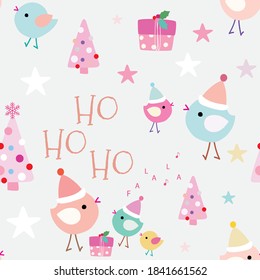 Cute colorful Christmas seamless pattern with Santa hats on happy birds, trees, presents and stars. Great for winter fabric, textile, holiday wrapping paper, scrapbooking. Surface pattern vector