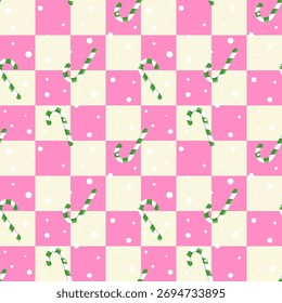 Nettes buntes Weihnachten nahtloses Muster.Kariert plaid mit Süßigkeiten Stöcke und Schnee Wiederholungsmuster in grünem rosa weiß.Fröhlichen Weihnachtshintergrund mit Quadraten.Vektorgrafik Tapete.
