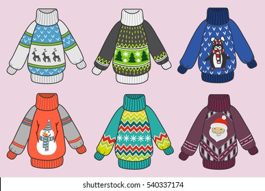 Cute colorful Christmas sweaters vector set, pullovers party clip art collection for invitations and greeting cards