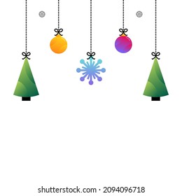Cute and colorful christmas trees, christmas ornaments and snowflakes hanging on ropes. Vector illustration, banner, header for winter holidays design.